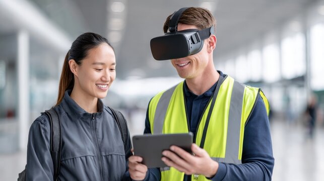 Asian woman and Caucasian man wearing virtual reality headset and safety vest, engaging with tablet in modern airport terminal, showcasing innovative technology and collaboration