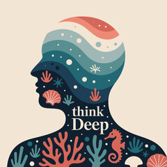 Abstract silhouette of a human head and shoulders filled with a vibrant underwater ocean scene featuring coral reefs marine life and the words think deep
