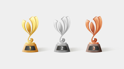 Modern artistic trophies in gold, silver and bronze with numbers for first, second and third place achievement award
