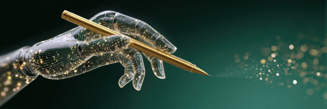 A transparent robotic hand grips a golden pen, leaving shimmering trails against a dark backdrop in a futuristic scene.