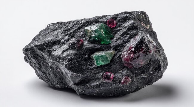 Dark rock specimen, embedded with vibrant emeralds and rubies