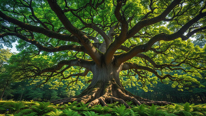 Environment care with big tree trunk and green leaves symbolizing nature