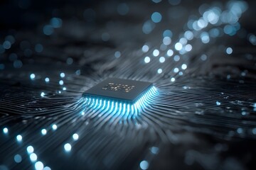3D render of blue glowing data flowing around a chip in the center on a dark background with a bokeh effect, close-up.