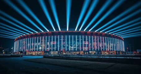 Activating lighting on large round glass arena at night, switching red LED ring into blue beams - Powered by Adobe