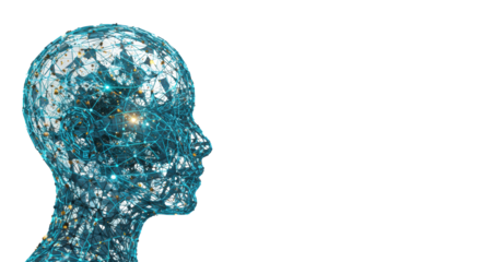 Highly detailed, luminous, abstract human head profile, digital brain with glowing lines and nodes, orbiting particles, transparent background, concept of artificial intelligence