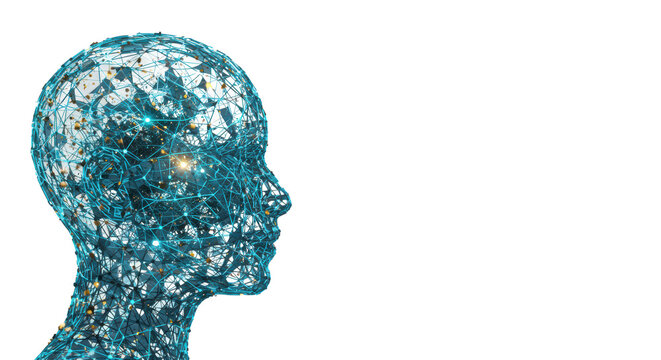 Highly detailed, luminous, abstract human head profile, digital brain with glowing lines and nodes, orbiting particles, transparent background, concept of artificial intelligence