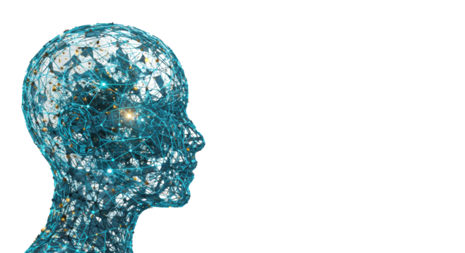 Highly detailed, luminous, abstract human head profile, digital brain with glowing lines and nodes, orbiting particles, transparent background, concept of artificial intelligence