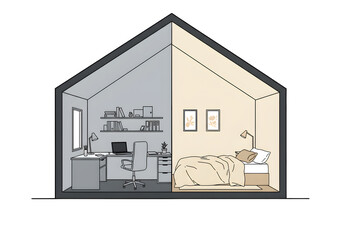 Home interior illustration office and bedroom divided concept