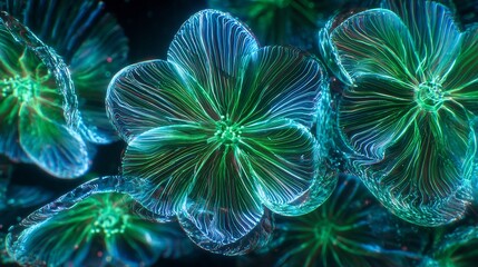 Fototapeta premium Digital holographic flowers glowing green and blue light tech inspired floral design
