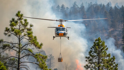 Firefighting helicopter operates in dangerous conditions. A helicopter combats wildfires, carrying water over dense smoke and forest trees.