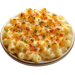 Delicious homemade macaroni and cheese with a golden crust and fresh herbs served on a plate perfect for comfort food cravings and family dinners on transparent background