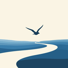 Naklejka premium A minimalist graphic illustration of a bird flying over a winding river or path through blue waters under a pale sky.
