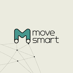 Modern abstract logo design featuring the letter m with the words move smart representing technology innovation and smart movement with a network of connected dots