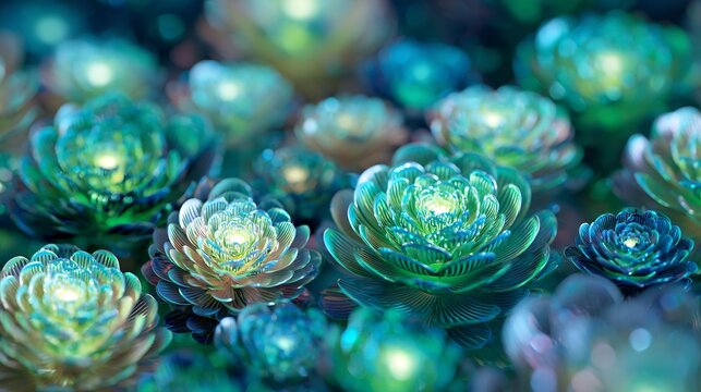Digital holographic flowers glowing green and blue light tech inspired floral design