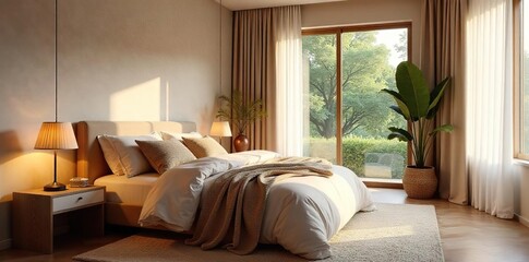 Serene bedroom interior with soft lighting, inviting textiles, and plush bedding, perfect for relaxation and peaceful sleep The room is styled for comfort and tranquility , calm, blankets, house