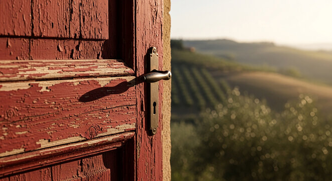 A rustic red door, paint peeling, opens to reveal a sunlit landscape.  The scene symbolizes opportunity, new beginnings, and escape to nature