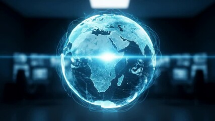 Spinning Digital Earth Globe in Futuristic Control Room | Tech Innovation, Global Network, 4K Stock Footage - Powered by Adobe