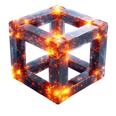 Futuristic glowing cube with intricate circuit patterns and vibrant orange light a modern design element for technology and science concepts on transparent background