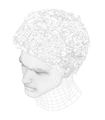 Male head wireframe model with realistic facial features, white background, detailed hair structure, and fashion-forward aesthetic.