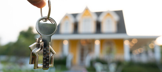 lease, rental and selling home. Real estate agent hold key for new house or real estate. rent house, Sales, loan credit financial, insurance, Seller, dealer, installment,  buy, sell, move in