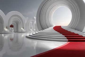 Elegant ceremony space with a red carpet and modern architectural design during daylight