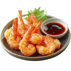 Delicious shrimp tempura served on a plate with dipping sauce and garnish perfect for appetizers Japanese cuisine or seafood restaurant menus on transparent background