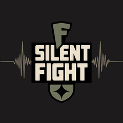 Bold graphic logo design featuring the words silent fight in distressed white lettering against a dark background with stylized sound waves and a shield emblem