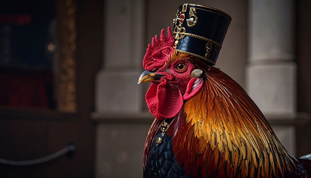 Close-up of a rooster wearing an ornate hat in a city setting.