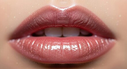 Extreme Close-up of Glossy Female Lips with Glistening Sparkle and Nude Lip Gloss