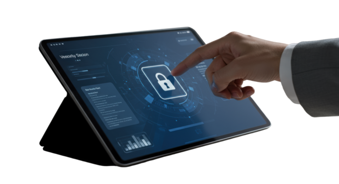 Generic hand with professional sleeve interacting with modern tablet screen showing abstract UI with padlock, cool blue/grey tones, clean studio desk. Concept of digital security