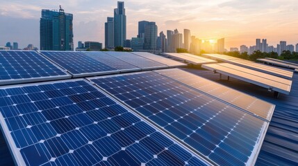 Futuristic city skyline with solar panels reflecting sunlight against a vibrant sunset