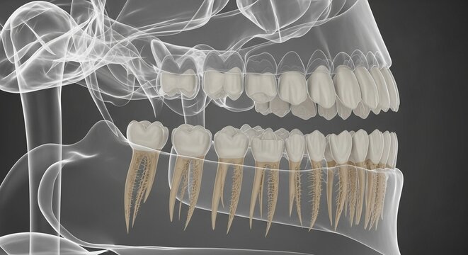 3D Dental Anatomy of Human Teeth, Roots, and Jaw Structure with Translucent Bone