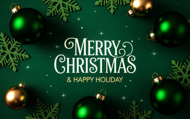 Merry Christmas Happy Holiday text on a dark green background Green and gold baubles snowflake cutouts surround the