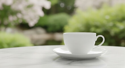 Delicate Porcelain Cuppa in Verdant Garden Setting.