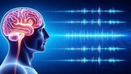 Obraz premium Male head with brain activity on blue background with brain waves - EEG