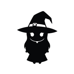 Cute witch silhouette with hat and dress chibi icon