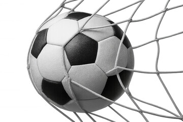 Naklejka premium Soccer ball sailing into goal net, dramatic moment of scoring, transparent backdrop enabling diverse graphic design applications