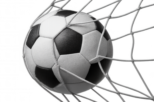 Soccer ball sailing into goal net, dramatic moment of scoring, transparent backdrop enabling diverse graphic design applications - Powered by Adobe