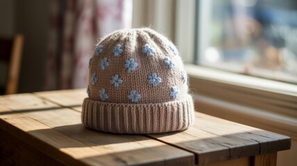 Light brown knitted wool hat with ribbed brim and dense allover pattern of small blue embroidered flowers, placed on rustic wooden table beside sunlit window in home interior