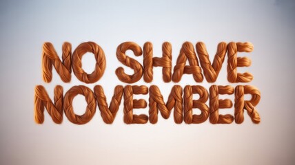 Creative illustration of text No Shave November formed with strands of braided reddish brown hair arranged on light gradient background symbolizing beard and hair awareness month