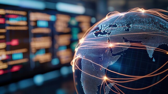 High-Detail Globe with Connections Highlighting Continents in a Modern Digital Environment - Powered by Adobe