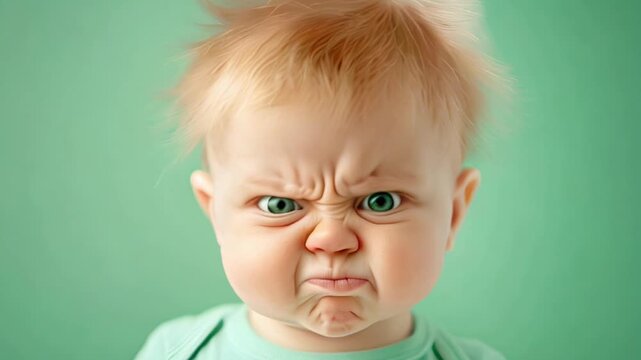 Cute baby making an adorably grumpy face on a soft green background