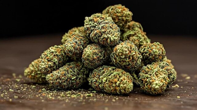 Pile of cannabis buds green  brown color rough texture on a dark wooden surface