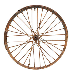 Antique rusty bicycle wheel with spokes shows its age