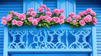 Window box with vibrant pink roses adorning a captivatingly blue wooden facade detail