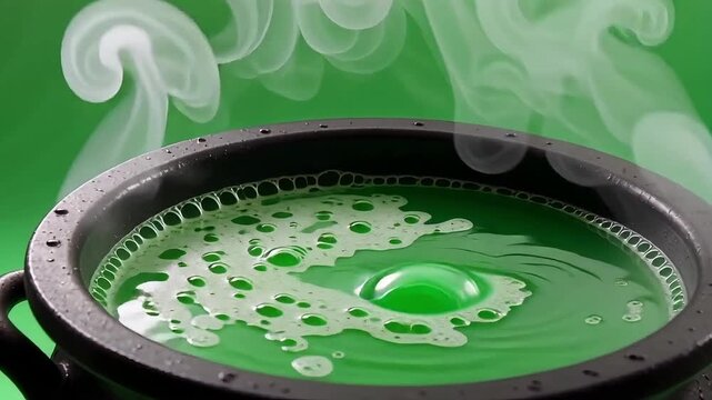 Bubbling green potion emits mystical steam from a cauldron