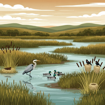 A serene marsh landscape with birds and water.