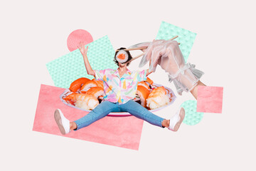 Creative picture photo banner collage of anonym girl instead head sushi maki chopsticks salmon seafood hand feed cafe order meal