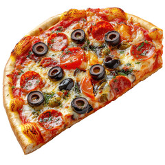 Delicious pepperoni pizza slice with black olives and melted cheese perfect for food photography and culinary presentations on transparent background