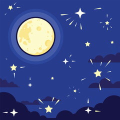 Fototapeta premium Night sky with full moon, fireworks, and stars.